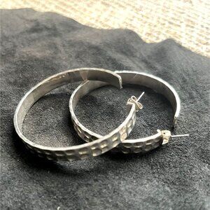 Genuine Silver Hoop Pierced Earrings 2 Inch Hammered Finish